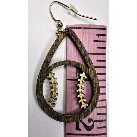 Baseball Teardrop Earrings Softball Fan Beautiful Real Wood Rich Gold Accent New - Picture 4 of 5